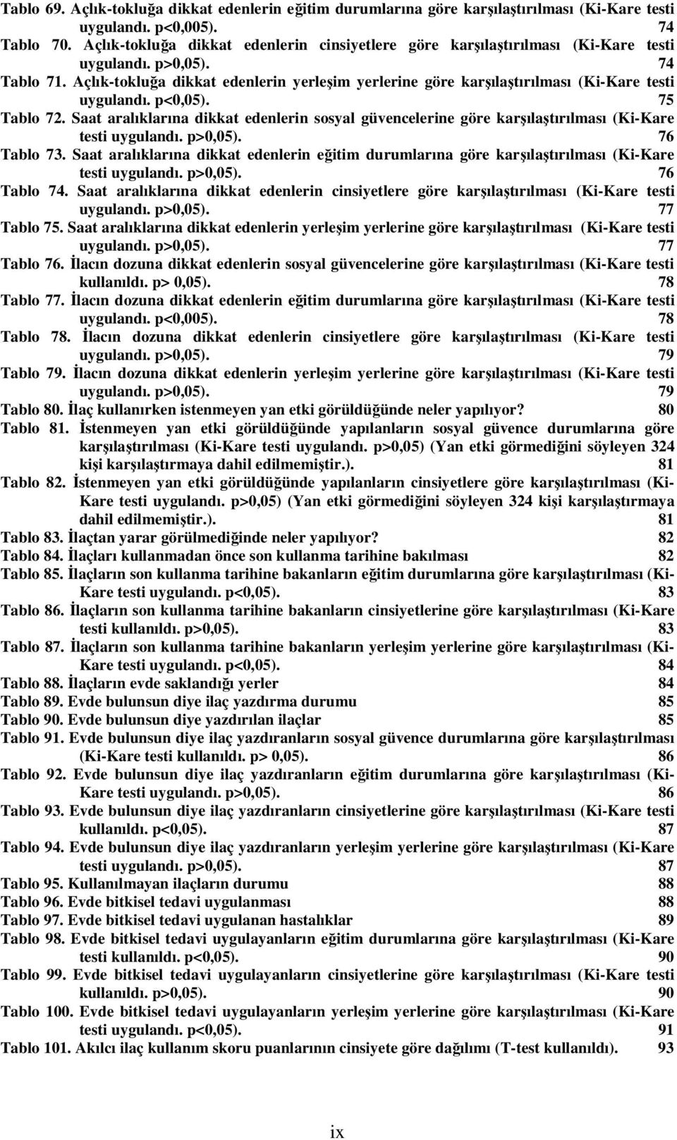 Açlık-tokluğa dikkat edenlerin yerleşim yerlerine göre karşılaştırılması (Ki-Kare testi uygulandı. p<0,05). 75 Tablo 72.