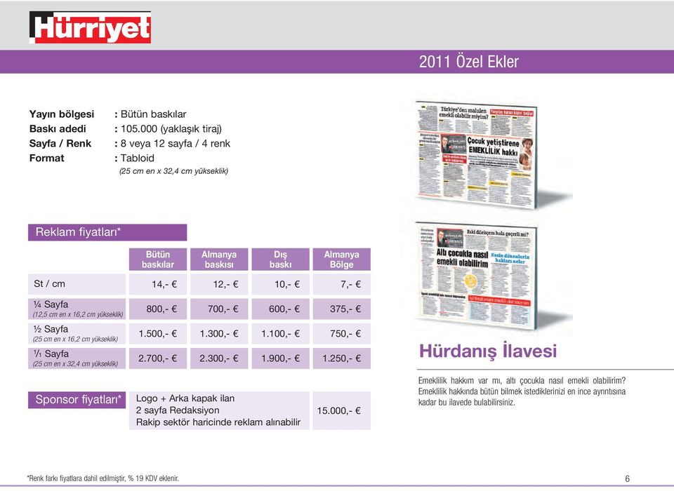 800,- 700,- 600,- 375,- ½ yfa (25 cm en x 16,2 cm yükseklik) 1 /1 yfa 1.500,- 1.300,- 1.100,- 2.700,- 2.300,- 1.900,- 750,- 1.