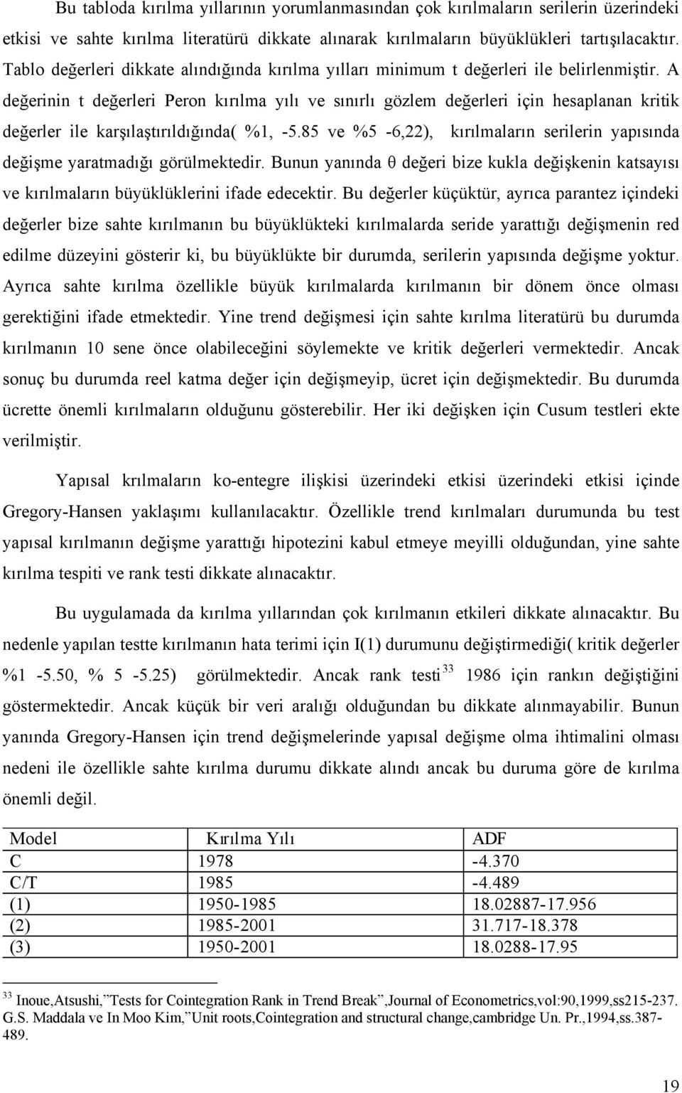 A değerinin t değerleri Peron kırılma yılı ve sınırlı gözlem değerleri için hesaplanan kritik değerler ile karşılaştırıldığında( %1, -5.