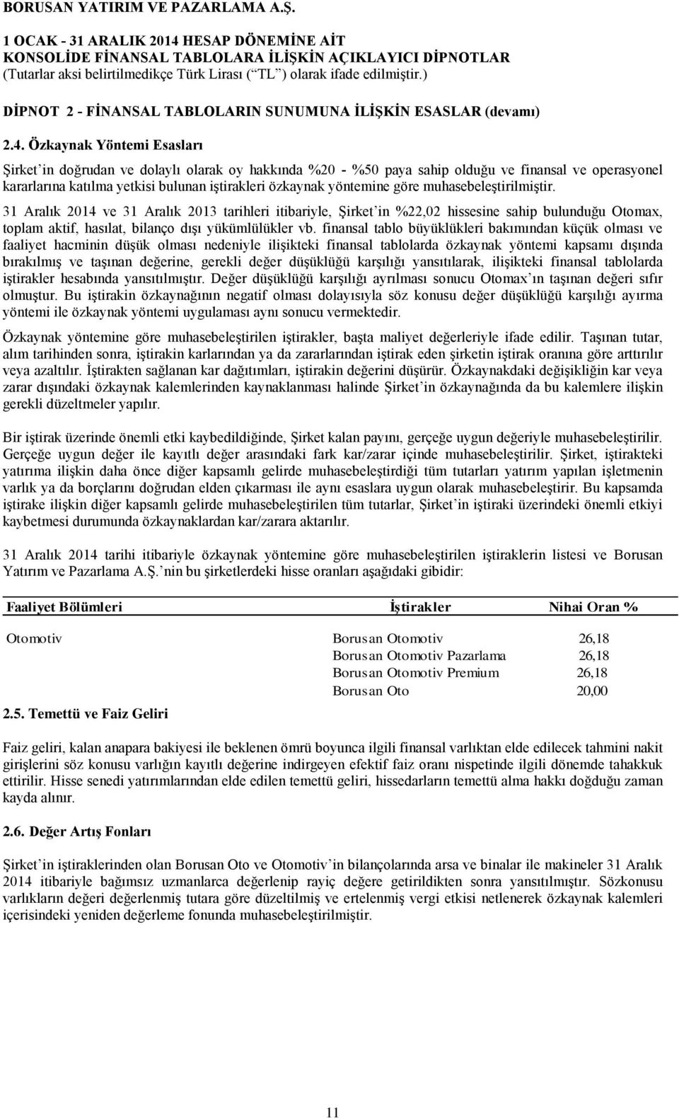 göre muhasebeleştirilmiştir. 31 Aralık 2014 ve 31 Aralık 2013 tarihleri itibariyle, Şirket in %22,02 hissesine sahip bulunduğu Otomax, toplam aktif, hasılat, bilanço dışı yükümlülükler vb.