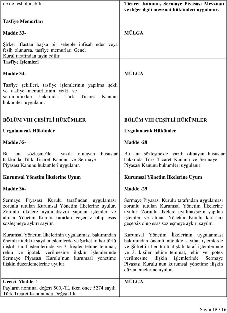 Tasfiye İşlemleri Madde 34- MÜLGA Tasfiye şekilleri, tasfiye işlemlerinin yapılma şekli ve tasfiye memurlarının yetki ve sorumlulukları hakkında Türk Ticaret Kanunu hükümleri uygulanır.