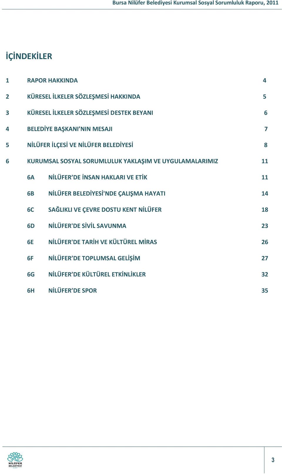 HAKLARI VE ETİK 11 6B NİLÜFER BELEDİYESİ'NDE ÇALIŞMA HAYATI 14 6C SAĞLIKLI VE ÇEVRE DOSTU KENT NİLÜFER 18 6D NİLÜFER'DE SİVİL SAVUNMA