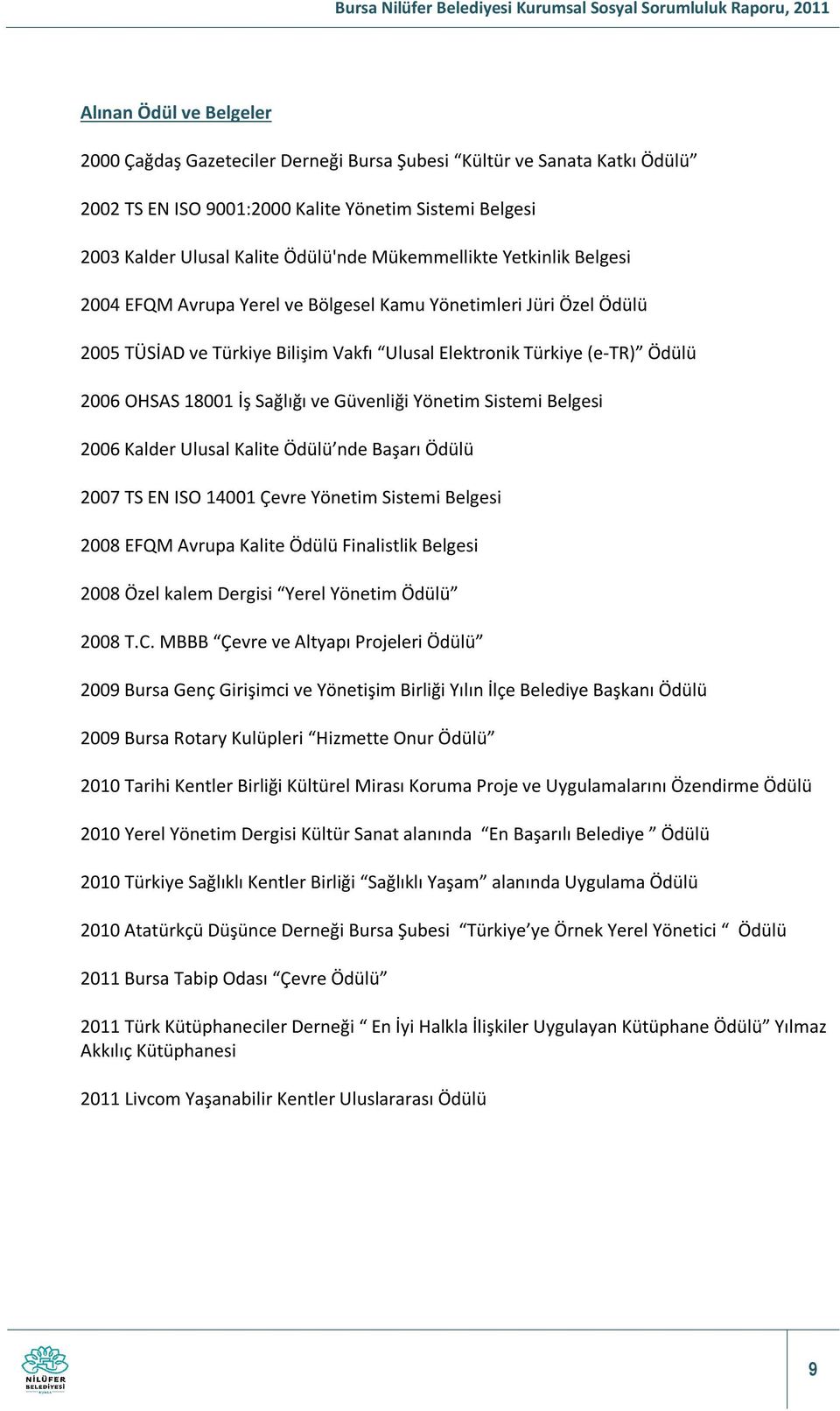 Sağlığı ve Güvenliği Yönetim Sistemi Belgesi 2006 Kalder Ulusal Kalite Ödülü nde Başarı Ödülü 2007 TS EN ISO 14001 Çevre Yönetim Sistemi Belgesi 2008 EFQM Avrupa Kalite Ödülü Finalistlik Belgesi 2008