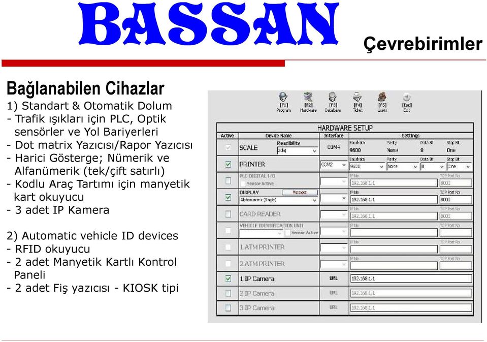 - Kodlu Araç Tartımı için manyetik kart okuyucu - 3 adet IP Kamera 2) Automatic vehicle ID devices - RFID okuyucu