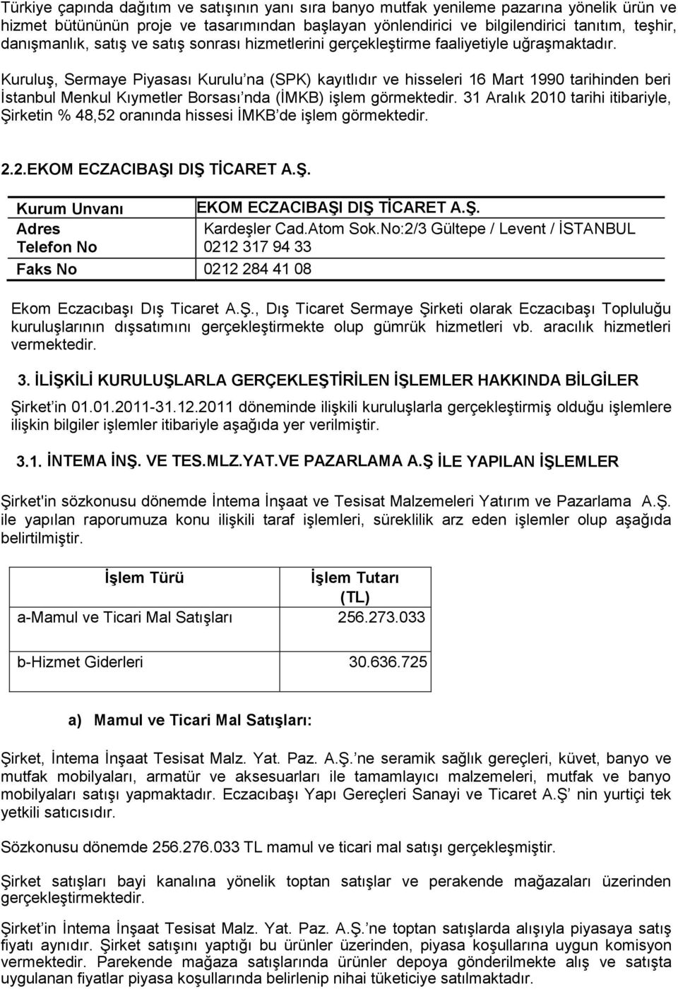 Kuruluş, Sermaye Piyasası Kurulu na (SPK) kayıtlıdır ve hisseleri 16 Mart 1990 tarihinden beri İstanbul Menkul Kıymetler Borsası nda (İMKB) işlem görmektedir.