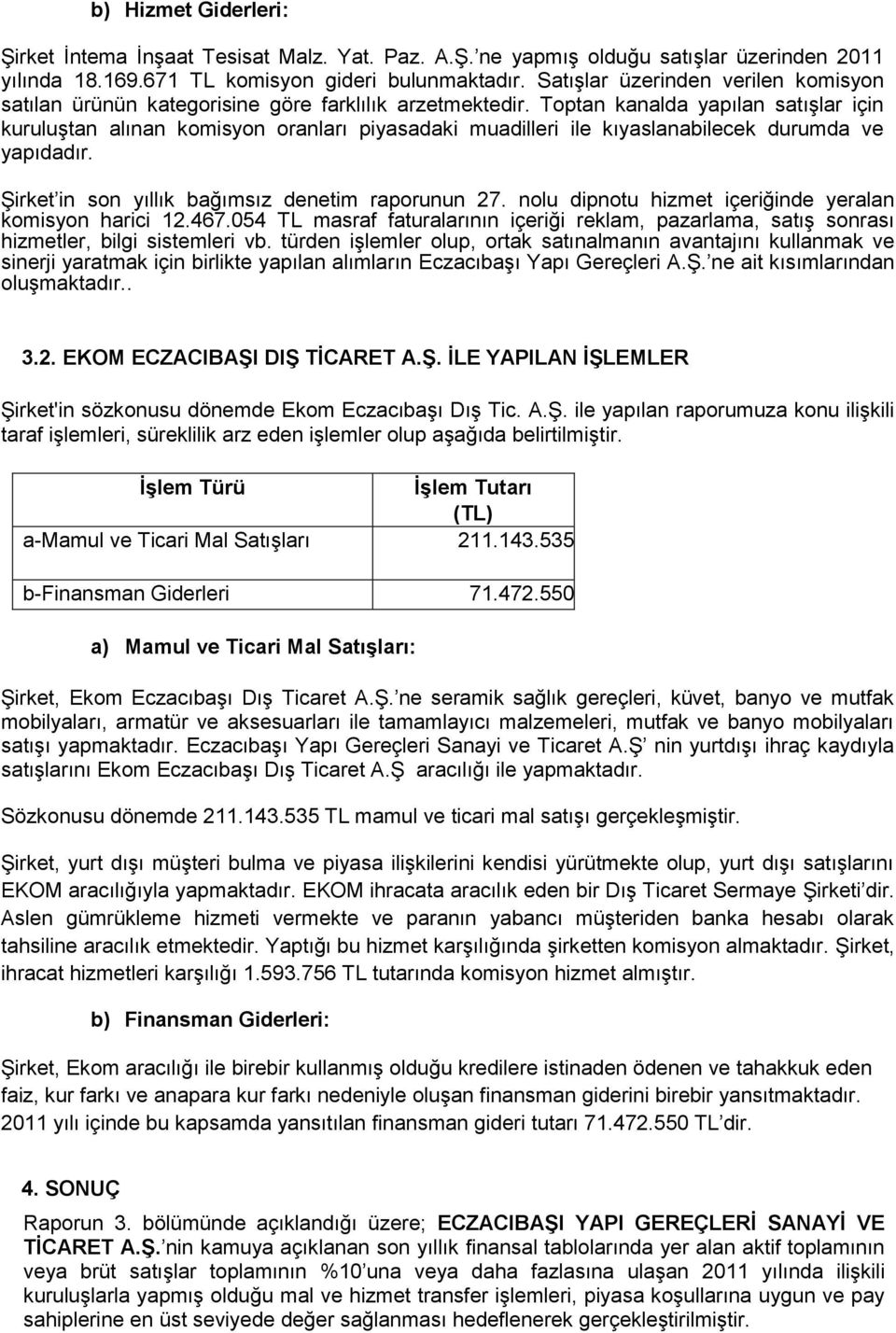 Toptan kanalda yapılan satışlar için kuruluştan alınan komisyon oranları piyasadaki muadilleri ile kıyaslanabilecek durumda ve yapıdadır. Şirket in son yıllık bağımsız denetim raporunun 27.