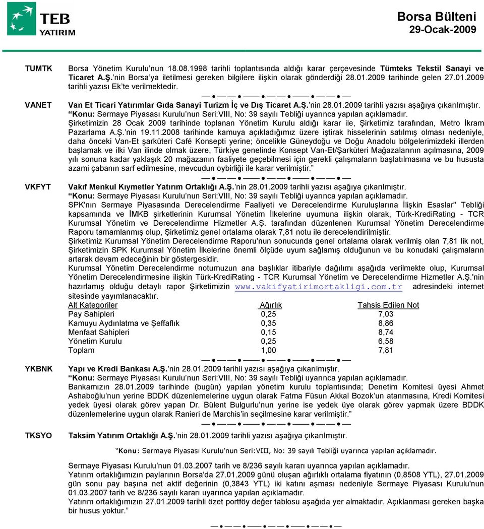 Van Et Ticari Yatırımlar Gıda Sanayi Turizm İç ve Dış Ticaret A.Ş. nin 28.01.2009 tarihli yazısı aşağıya çıkarılmıştır.