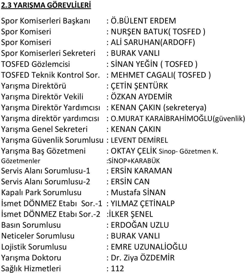 : MEHMET CAGALI( TOSFED ) Yarışma Direktörü : ÇETİN ŞENTÜRK Yarışma Direktör Vekili : ÖZKAN AYDEMİR Yarışma Direktör Yardımcısı : KENAN ÇAKIN (sekreterya) Yarışma direktör yardımcısı : O.