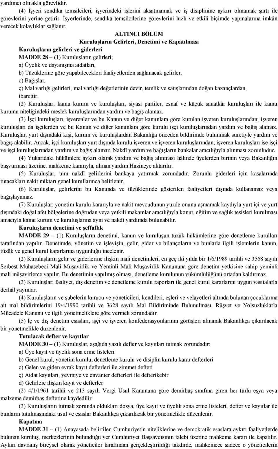 ALTINCI BÖLÜM Kuruluşların Gelirleri, Denetimi ve Kapatılması Kuruluşların gelirleri ve giderleri MADDE 28 (1) Kuruluşların gelirleri; a) Üyelik ve dayanışma aidatları, b) Tüzüklerine göre