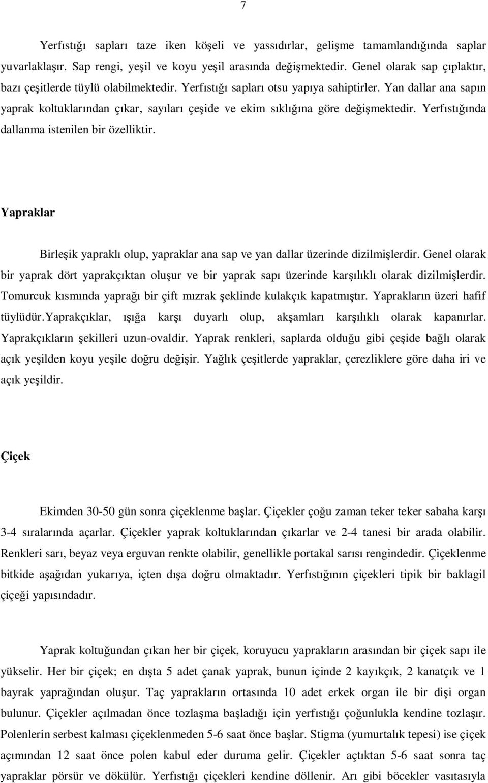 Yan dallar ana sap n yaprak koltuklar ndan ç kar, say lar çe ide ve ekim s kl na göre de mektedir. Yerf st nda dallanma istenilen bir özelliktir.