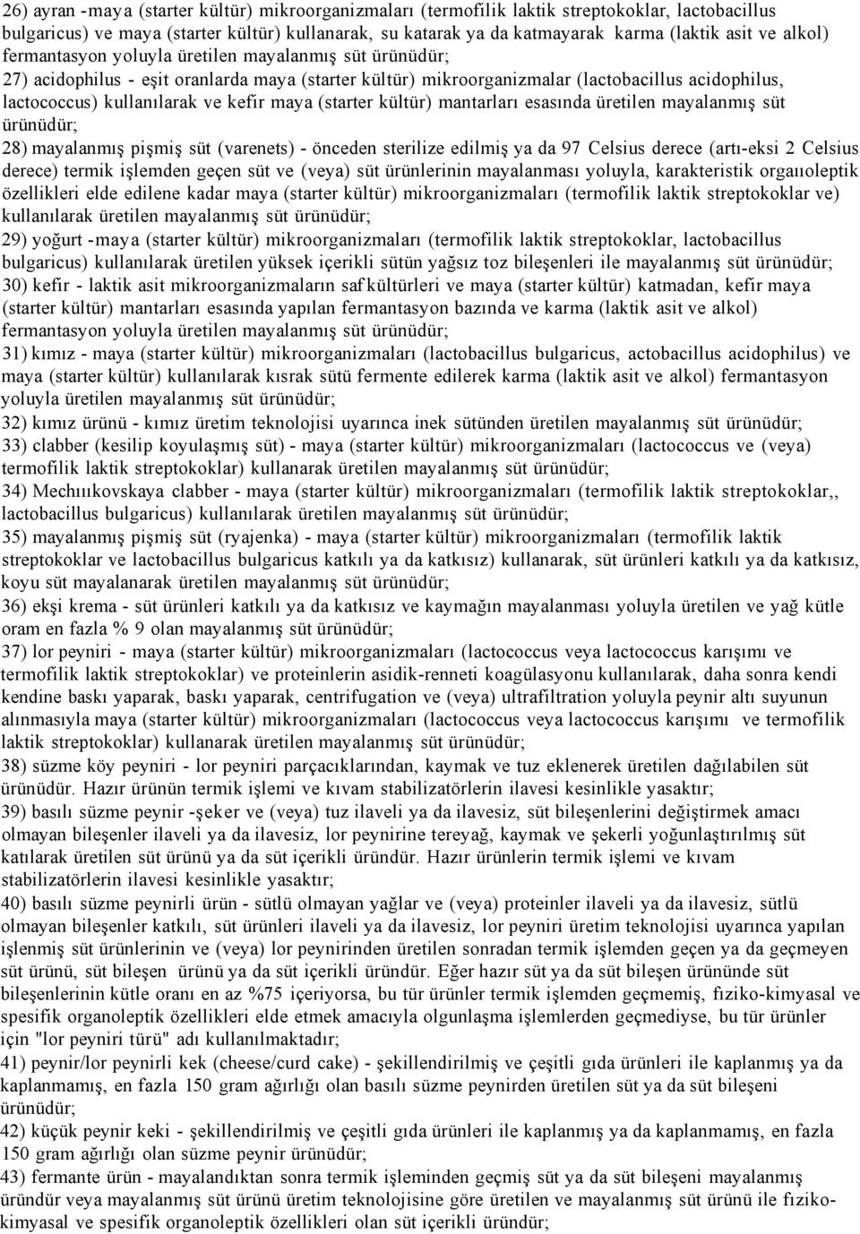 maya (starter kültür) mantarları esasında üretilen mayalanmış süt ürünüdür; 28) mayalanmış pişmiş süt (varenets) - önceden sterilize edilmiş ya da 97 Celsius derece (artı-eksi 2 Celsius derece)