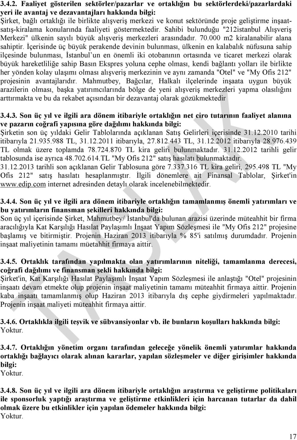 sektöründe proje geliştirme inşaatsatış-kiralama konularında faaliyeti göstermektedir. Sahibi bulunduğu "212istanbul Alışveriş Merkezi" ülkenin sayılı büyük alışveriş merkezleri arasındadır. 70.