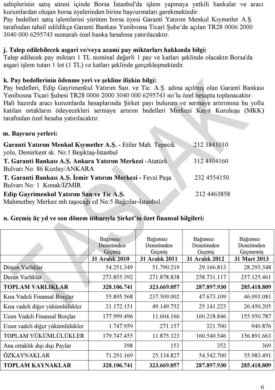 tarafından tahsil edildikçe Garanti Bankası Yenibosna Ticari Şube de açılan TR28 0006 2000 3040 000 6295743 numaralı özel banka hesabına yatırılacaktır. j.