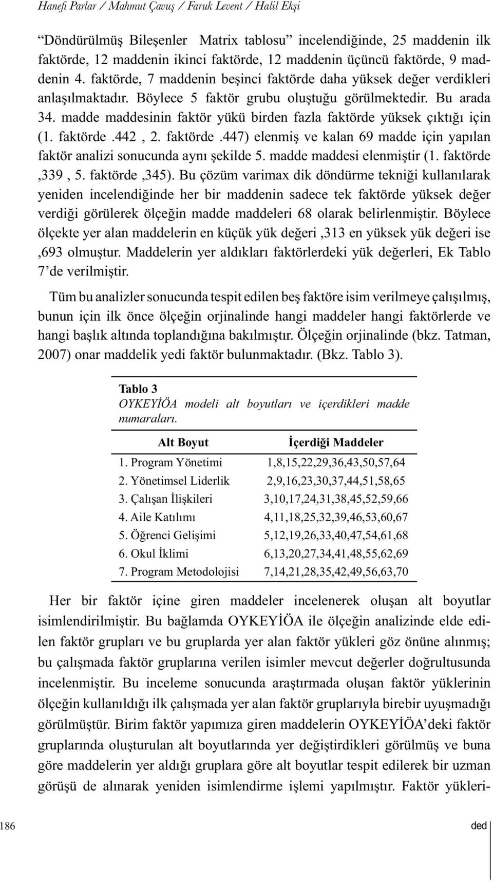 madde maddesinin faktör yükü birden fazla faktörde yüksek çıktığı için (1. faktörde.442, 2. faktörde.447) elenmiş ve kalan 69 madde için yapılan faktör analizi sonucunda aynı şekilde 5.