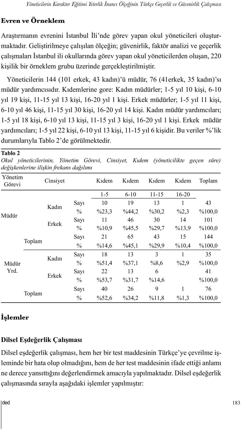 gerçekleştirilmiştir. Yöneticilerin 144 (101 erkek, 43 kadın) ü müdür, 76 (41erkek, 35 kadın) sı müdür yardımcısıdır.