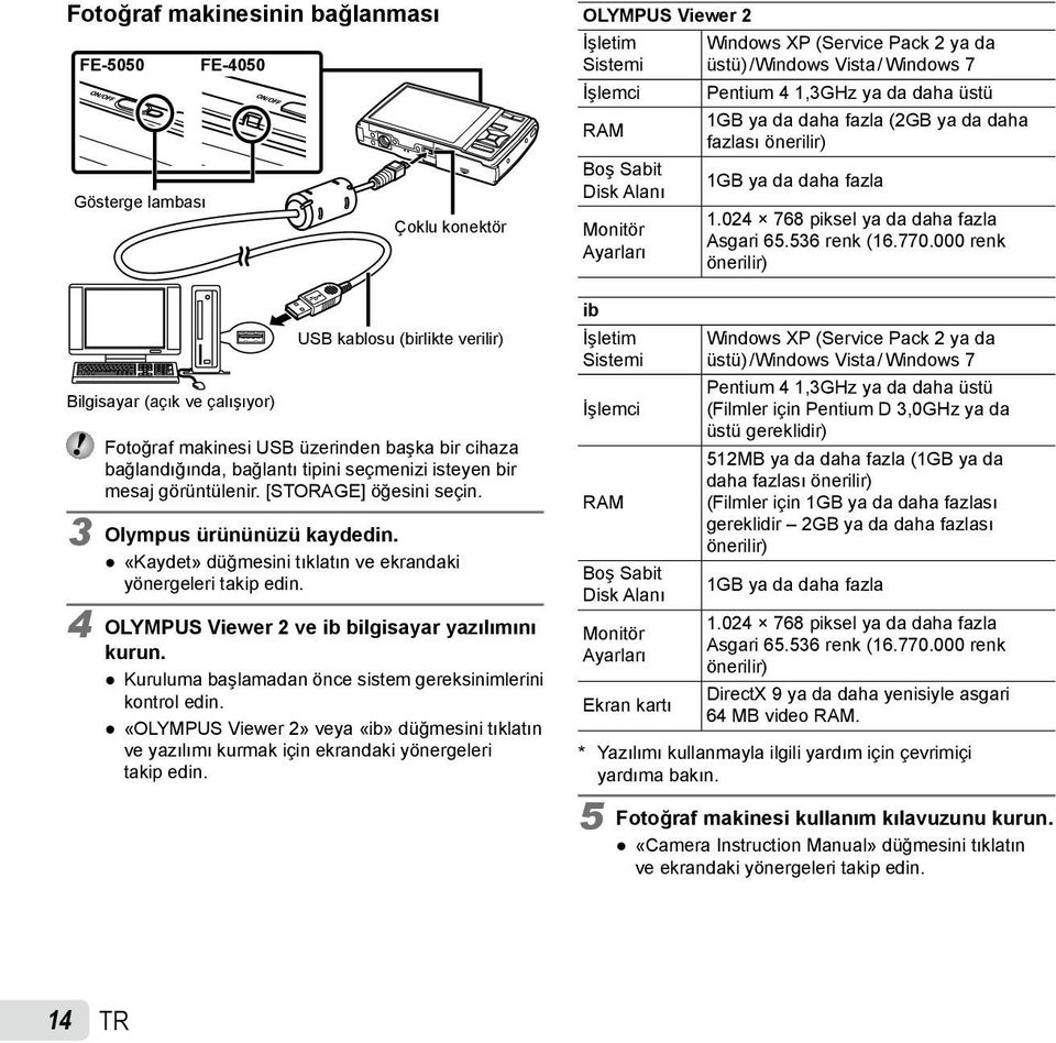 4 OLYMPUS Viewer 2 ve ib bilgisayar yazılımını kurun. Kuruluma başlamadan önce sistem gereksinimlerini kontrol edin.