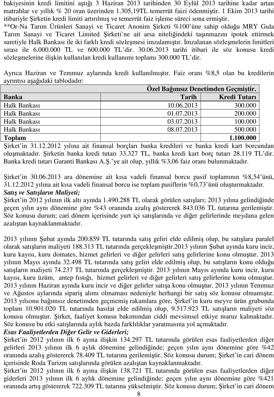 **Or-Na Tarım Ürünleri Sanayi ve Ticaret Anonim Şirketi %100 üne sahip olduğu MRY Gıda Tarım Sanayi ve Ticaret Limited Şirketi ne ait arsa niteliğindeki taşınmazını ipotek ettirmek suretiyle Halk