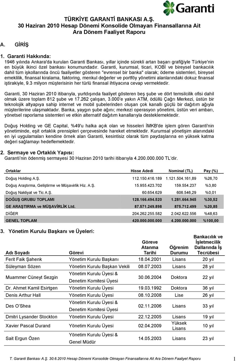 Garanti, kurumsal, ticari, KOBİ ve bireysel bankacılık dahil tüm işkollarındaa öncü faaliyetler gösteren "evrensel bir banka" olarak; ödeme sistemleri, bireysel emeklilik, finansal kiralama,