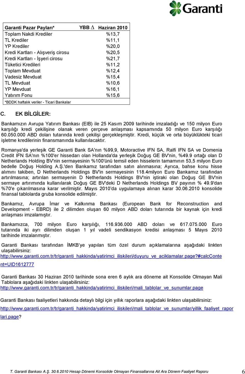 EK BİLGİLER: Bankamızın Avrupa Yatırım Bankası (EIB) ile 25 Kasım 2009 tarihinde imzaladığı ve 150 milyon Euro karşılığı kredi çekilişine olanak veren çerçeve anlaşması kapsamında 50 milyon Euro