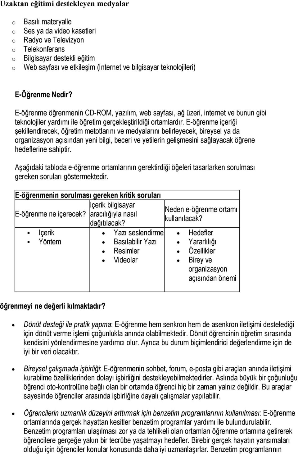 E-öğrenme içeriği şekillendirecek, öğretim mettlarını ve medyalarını belirleyecek, bireysel ya da rganizasyn açısından yeni bilgi, beceri ve yetilerin gelişmesini sağlayacak öğrene hedeflerine