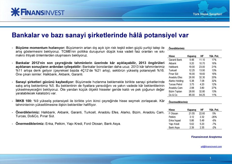 - Bankalar 2012 nin son çeyreğinde tahminlerin üzerinde kâr açıklayabilir, 2013 öngörüleri açıklanan sonuçların ardından iyileşebilir: Bankalar bonolardan daha ucuz.