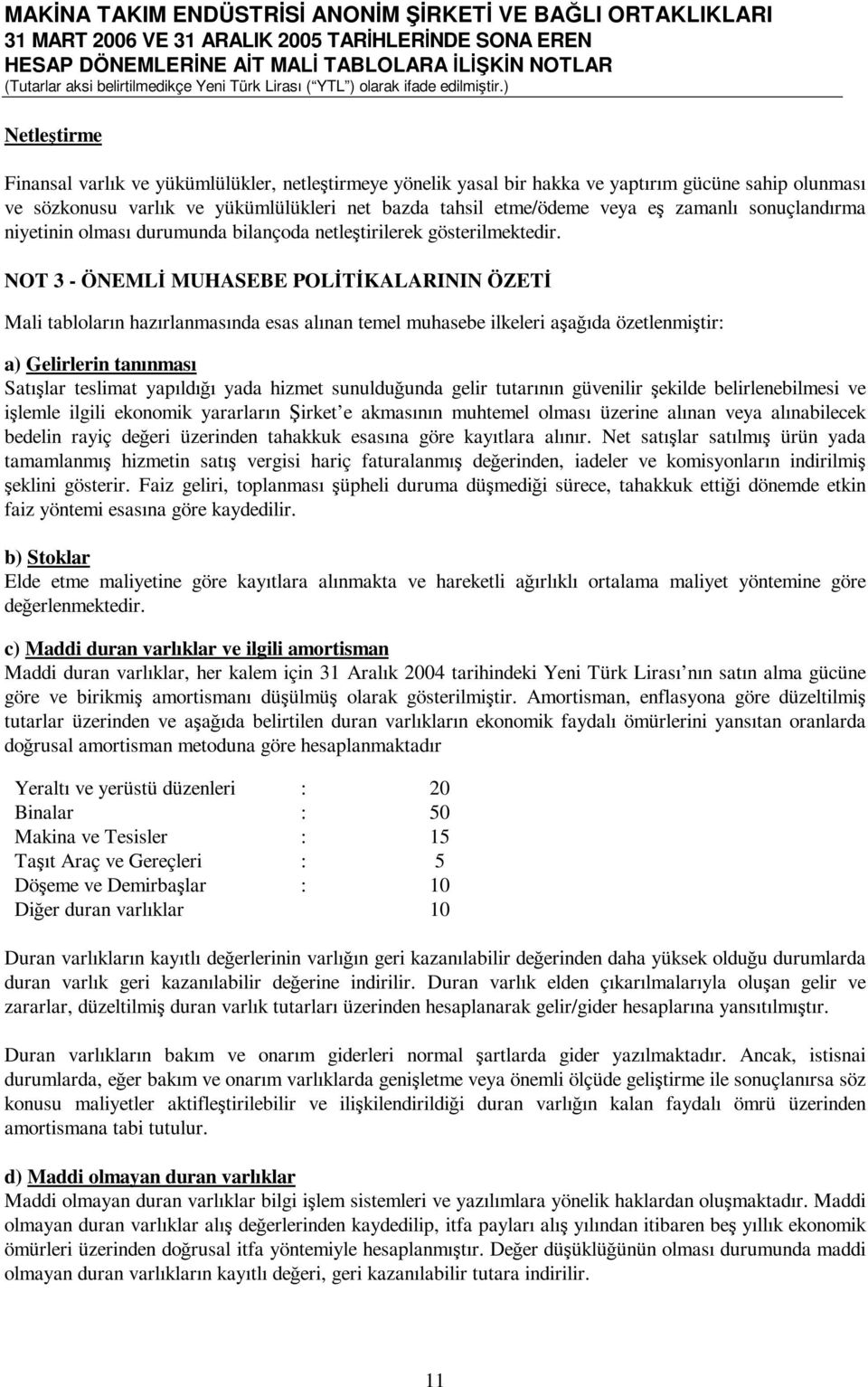 NOT 3 - ÖNEMLİ MUHASEBE POLİTİKALARININ ÖZETİ Mali tabloların hazırlanmasında esas alınan temel muhasebe ilkeleri aşağıda özetlenmiştir: a) Gelirlerin tanınması Satışlar teslimat yapıldığı yada