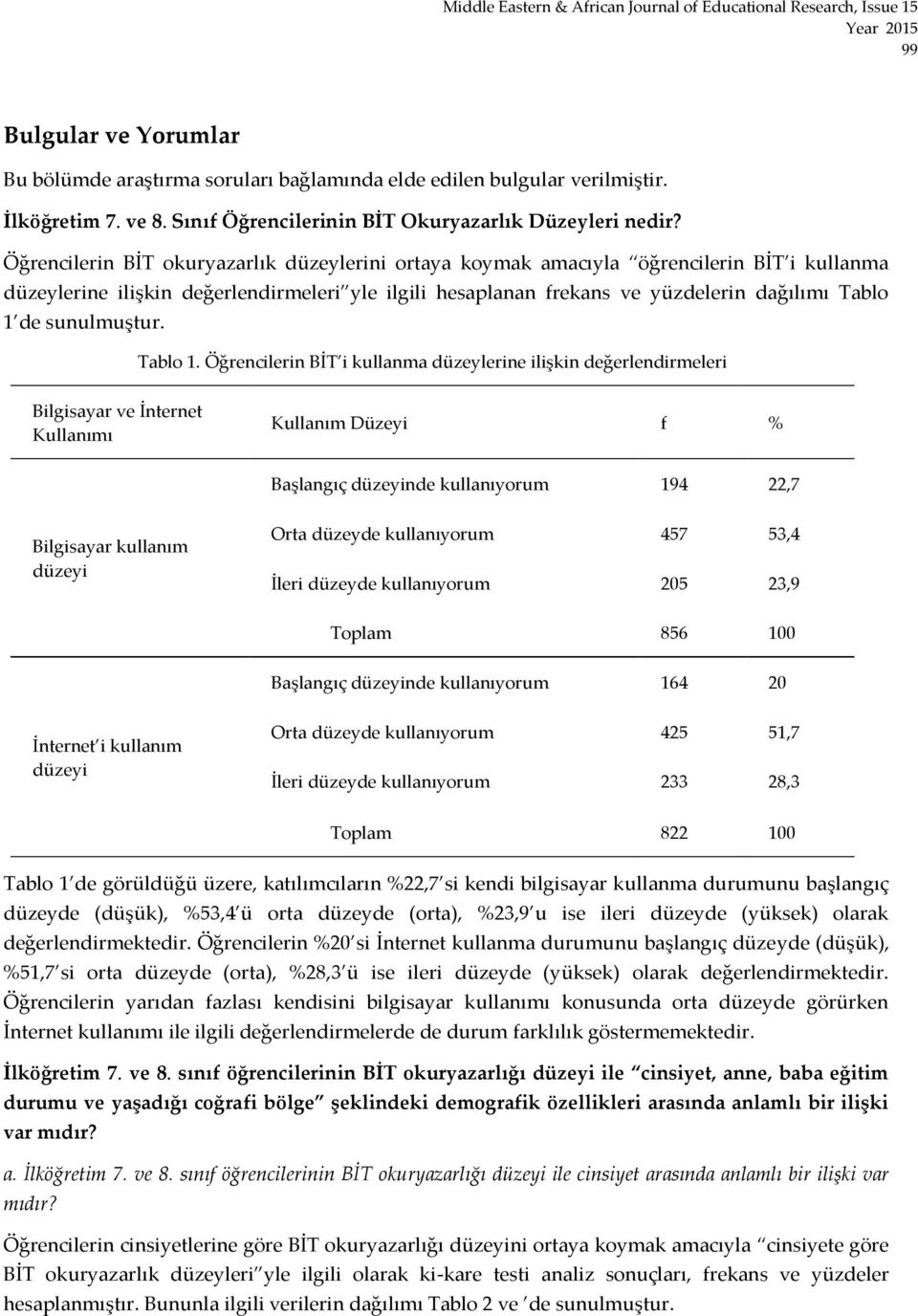 sunulmuştur. Tablo 1.