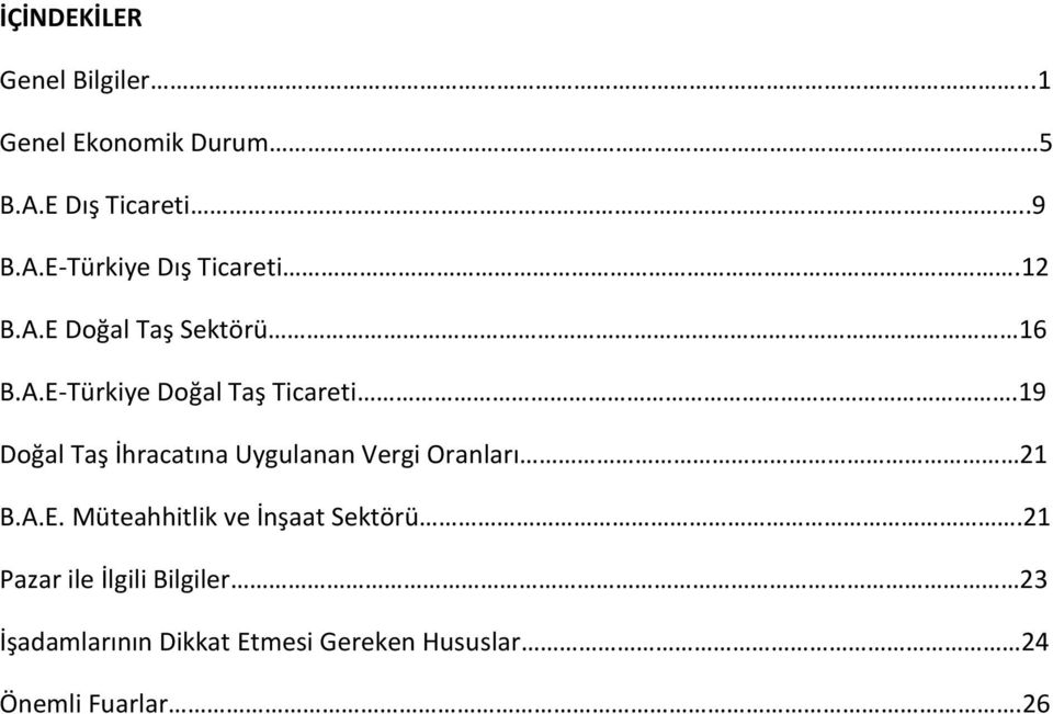 19 Doğal Taş İhracatına Uygulanan Vergi Oranları 21 B.A.E.