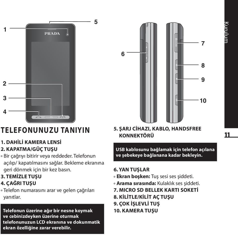 Telefonun üzerine ağır bir nesne koymak ve cebinizdeyken üzerine oturmak telefonunuzun LCD ekranına ve dokunmatik ekran özelliğine zarar verebilir. 5.