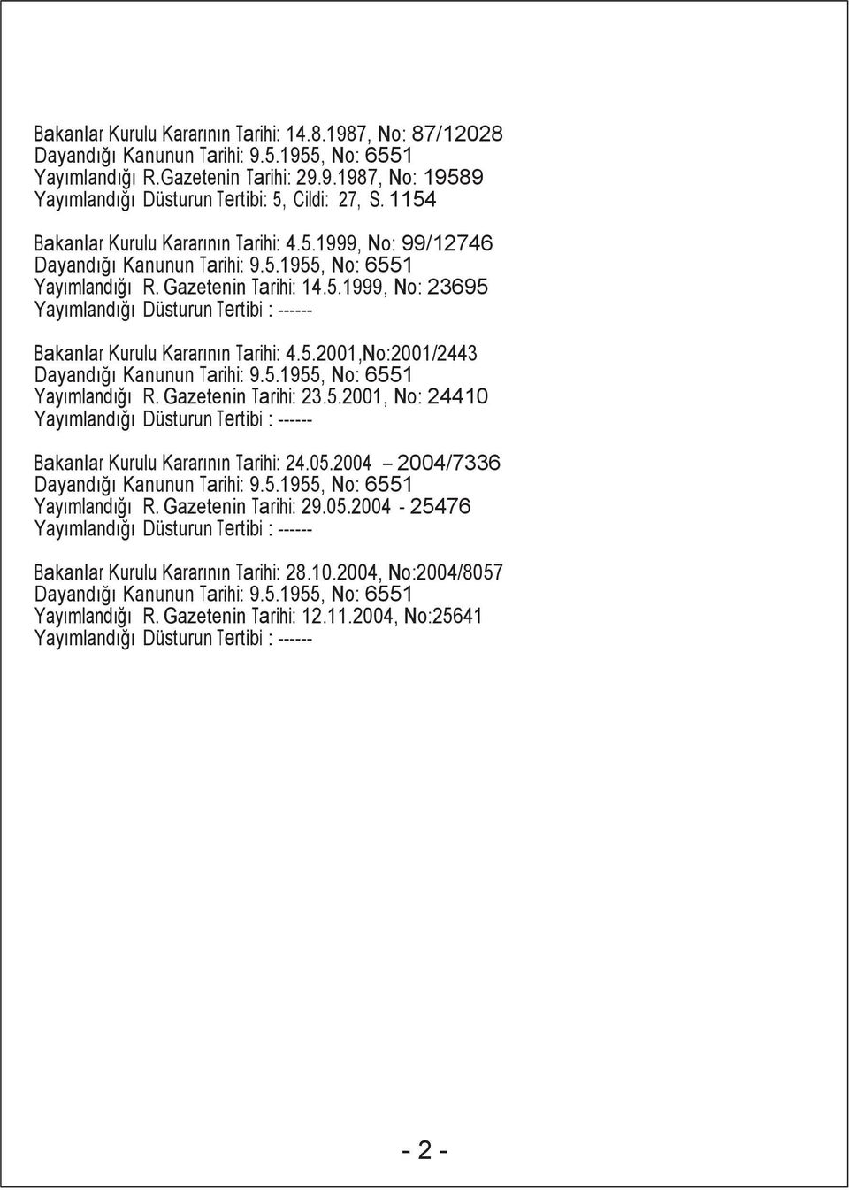 5.2001,No:2001/2443 Dayandığı Kanunun Tarihi: 9.5.1955, No: 6551 Yayımlandığı R. Gazetenin Tarihi: 23.5.2001, No: 24410 Yayımlandığı Düsturun Tertibi : ------ Bakanlar Kurulu Kararının Tarihi: 24.05.