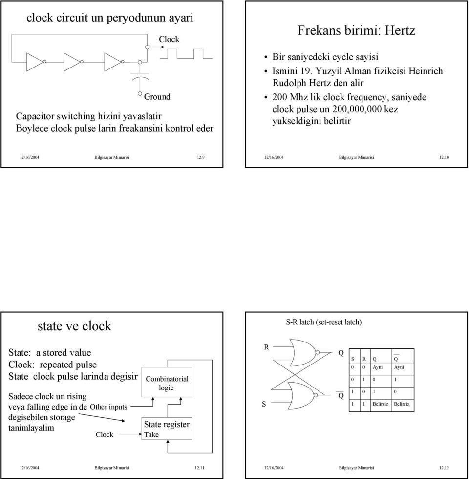 Bilgisayar imarisi 2 state ve clock S-R latch (set-reset latch) State: a stored value lock: repeated pulse State clock pulse larinda degisir Sadece clock un rising veya falling edge