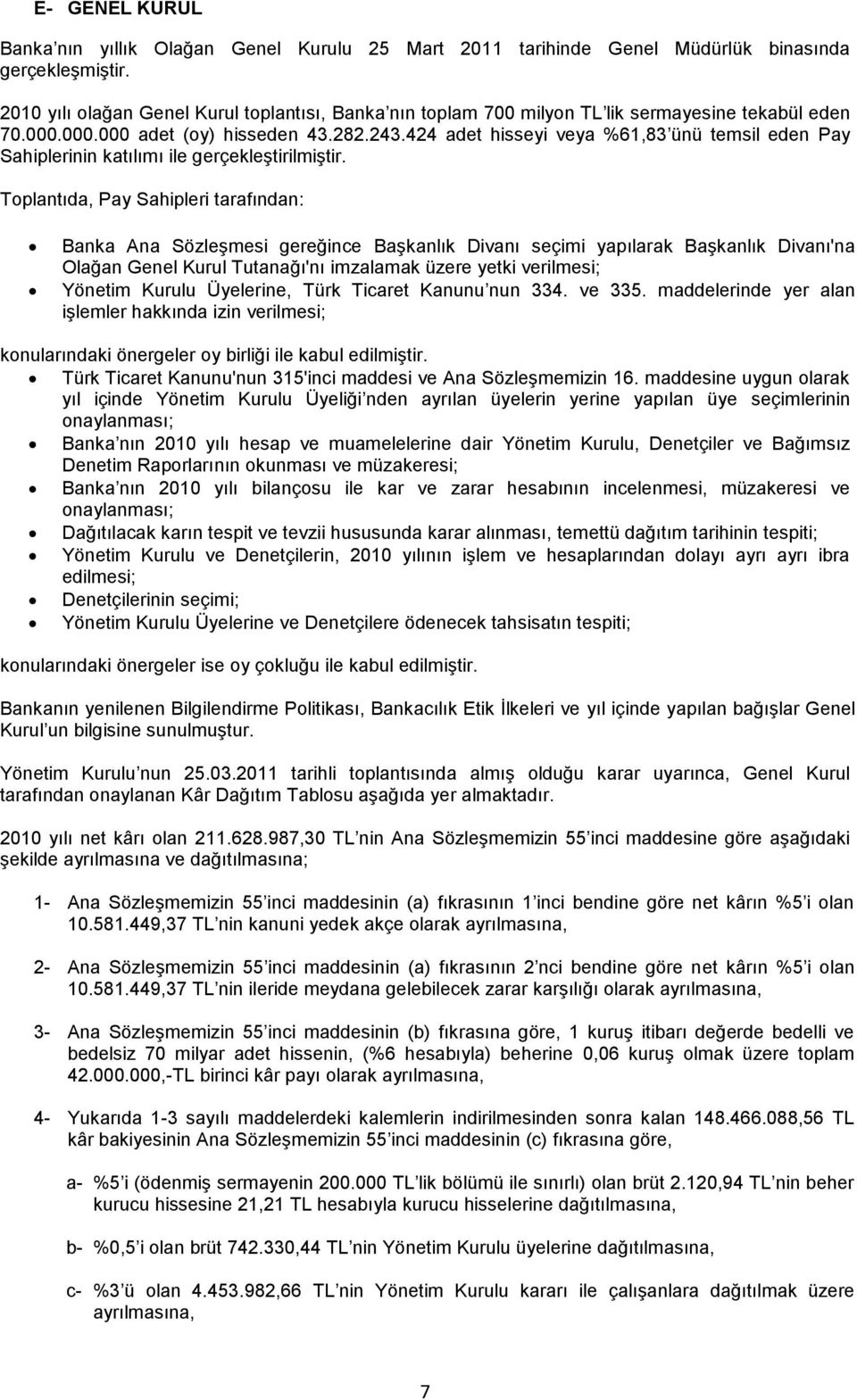 424 adet hisseyi veya %61,83 ünü temsil eden Pay Sahiplerinin katılımı ile gerçekleģtirilmiģtir.