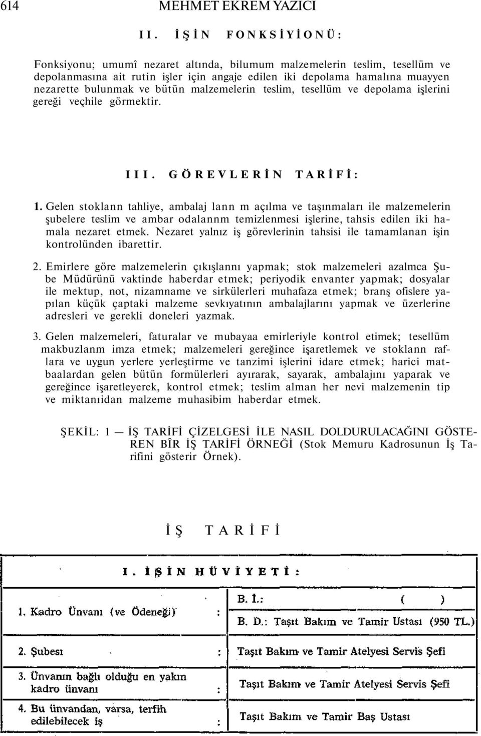 bütün malzemelerin teslim, tesellüm ve depolama işlerini gereği veçhile görmektir. III. GÖREVLERİN TARİFİ: 1.