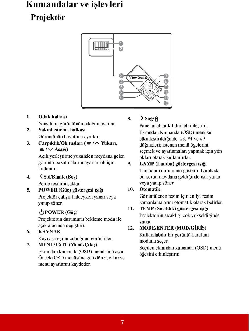 II POWER (Güç) Projektörün durumunu bekleme modu ile açık arasında değiştirir. 6. KAYNAK Kaynak seçimi çubuğunu görüntüler. 7. MENU/EXIT (Menü/Çıkış) Ekrandan kumanda (OSD) menüsünü açar.