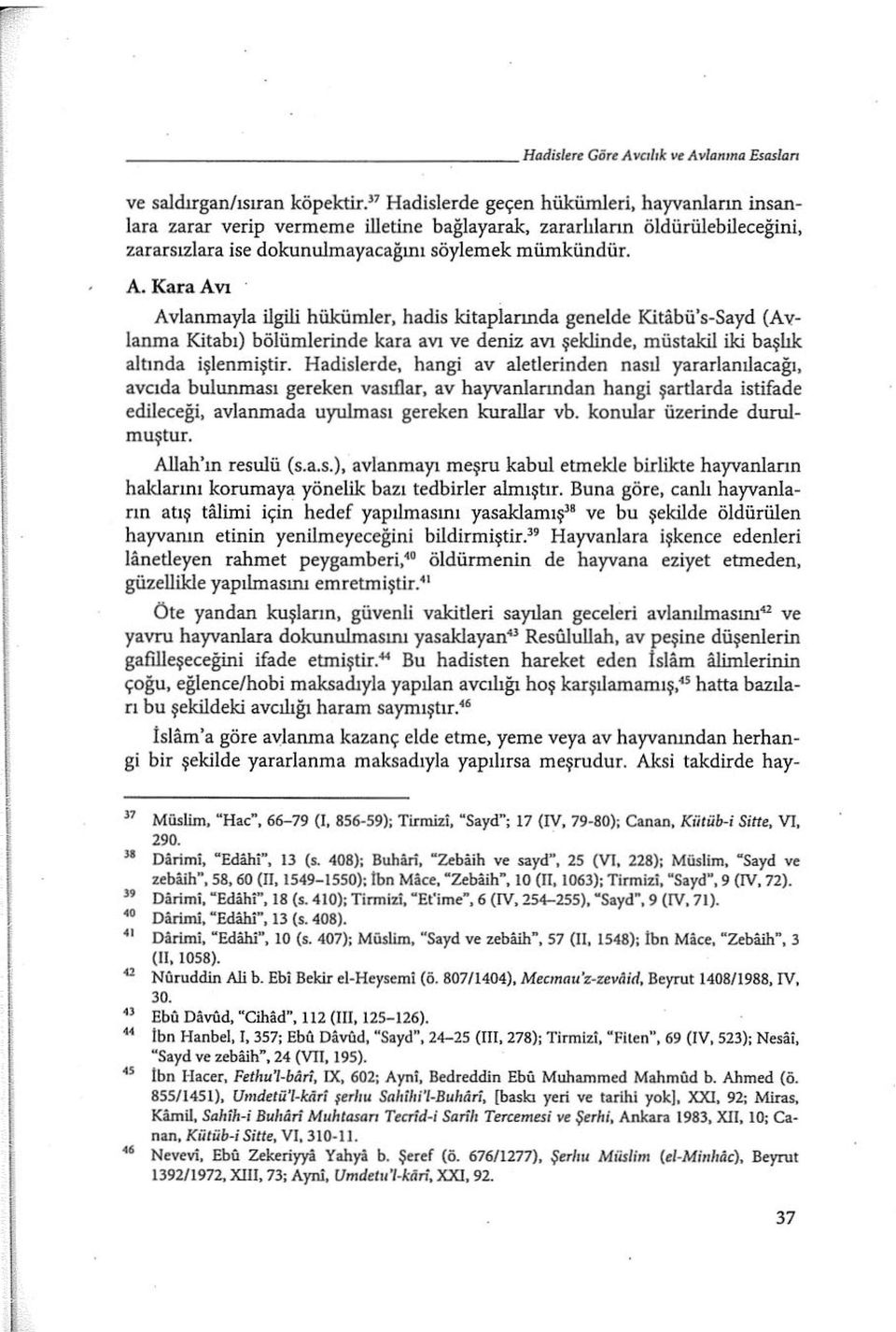 Kara Avı Avlanmayla ilgili hükümler, hadis kitaplannda genelde Kitabü's-Sayd (Avlanma Kitabı) bölümlerinde kara avı ve deniz avı şeklinde, müstakil iki başlık altında işlenmiştir.