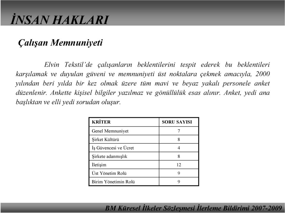 düzenlenir. Ankette kişisel bilgiler yazılmaz ve gönüllülük esas alınır. Anket, yedi ana başlıktan ve elli yedi sorudan oluşur.