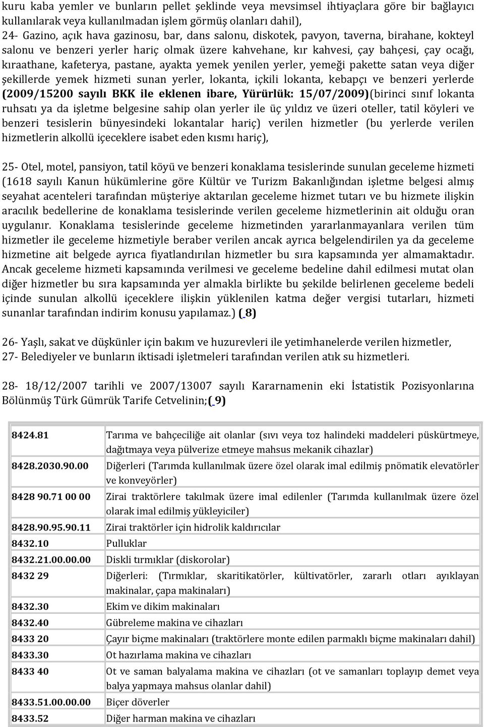 yerler, yemeği pakette satan veya diğer şekillerde yemek hizmeti sunan yerler, lokanta, içkili lokanta, kebapçı ve benzeri yerlerde (2009/15200 sayılı BKK ile eklenen ibare, Yürürlük: