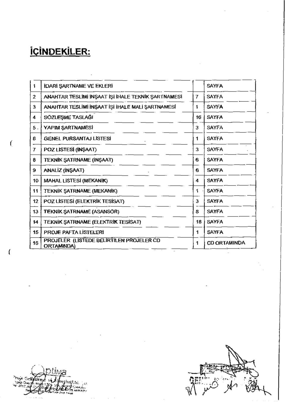 YAPIM ŞARTNAMESİ 3 SAYFA 6 GENEL PURSANTAJ LİSTESİ 1 SAYFA 7 PO Z LİSTESİ (İNŞAAT) 3 SAYFA 8 TEKNİK ŞATRNAME (İNŞAAT) 6 SAYFA 9 ANALİZ (İNŞAAT) 6 SAYFA 10 MAHAL