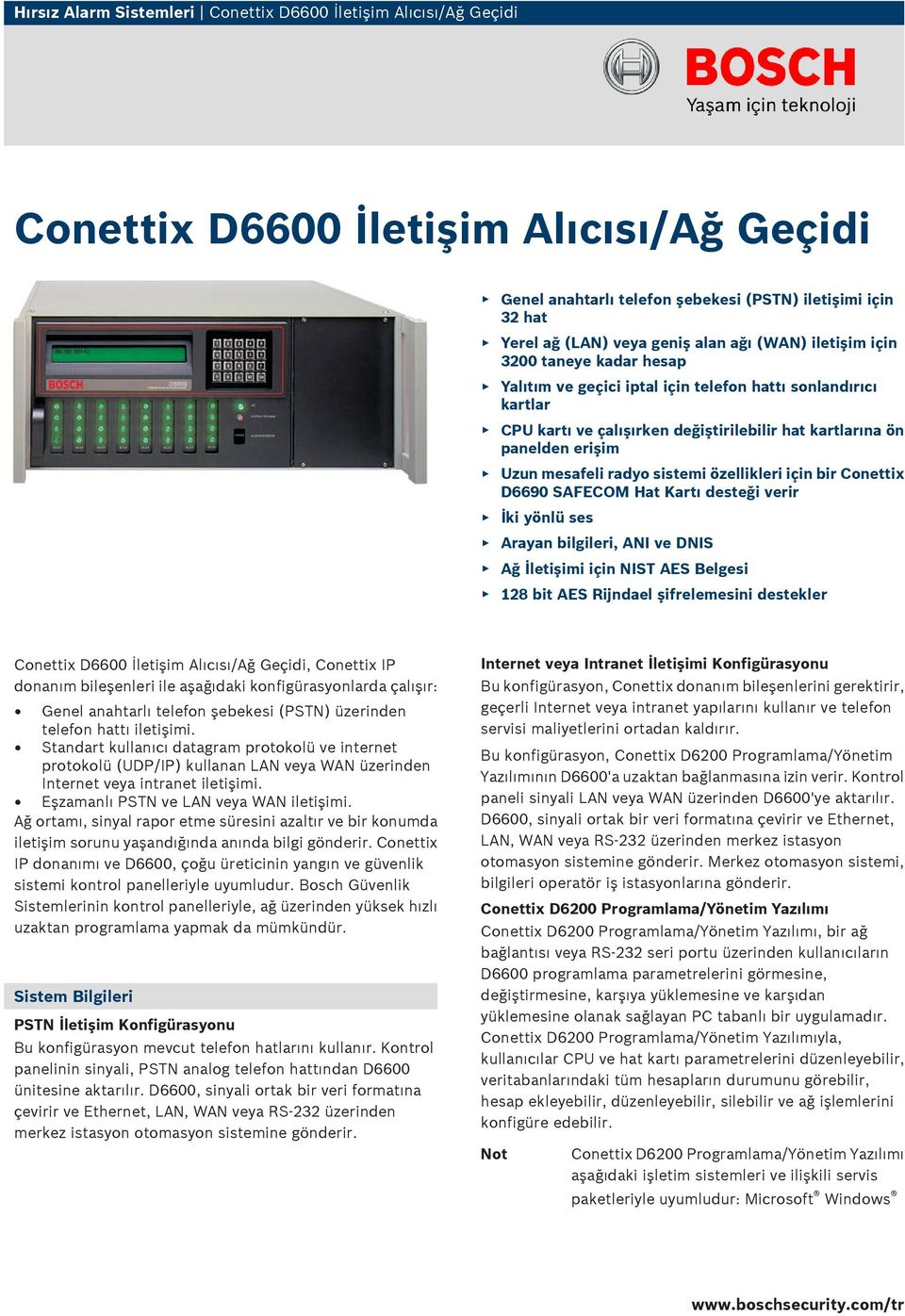mesafeli radyo sistemi özellikleri için bir Conettix D6690 SAFECOM Hat Kartı desteği verir İki yönlü ses Arayan bilgileri, ANI ve DNIS Ağ İletişimi için NIST AES Belgesi 128 bit AES Rijndael