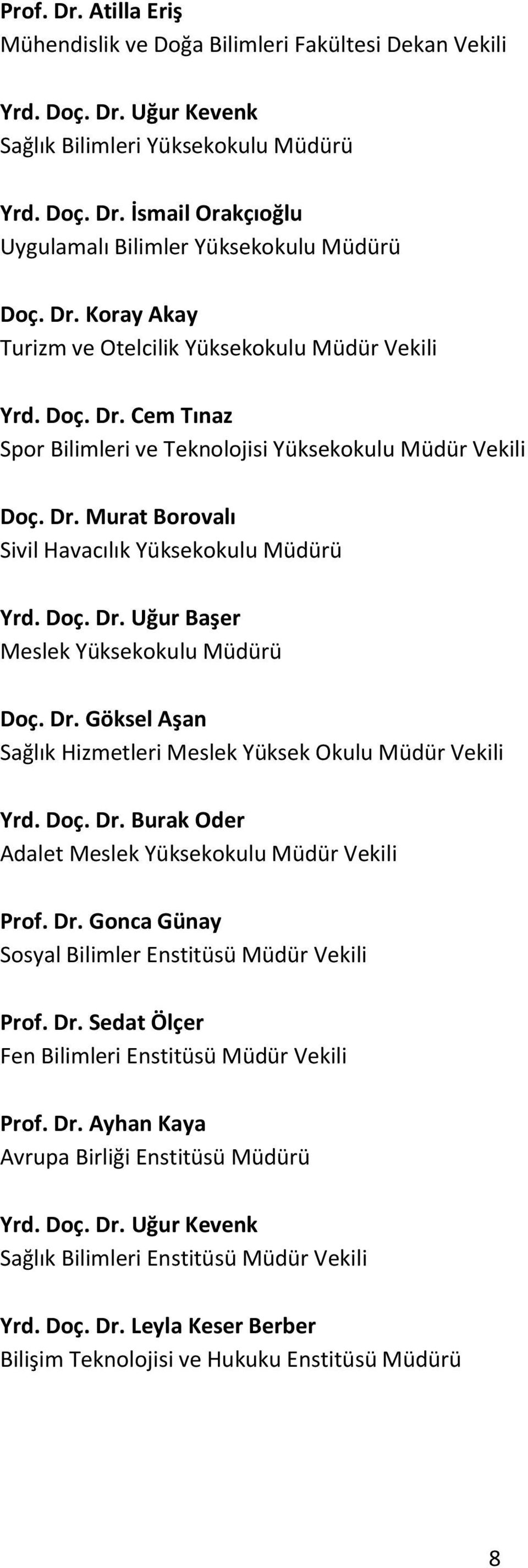 Doç. Dr. Uğur Başer Meslek Yüksekokulu Müdürü Doç. Dr. Göksel Aşan Sağlık Hizmetleri Meslek Yüksek Okulu Müdür Vekili Yrd. Doç. Dr. Burak Oder Adalet Meslek Yüksekokulu Müdür Vekili Prof. Dr. Gonca Günay Sosyal Bilimler Enstitüsü Müdür Vekili Prof.