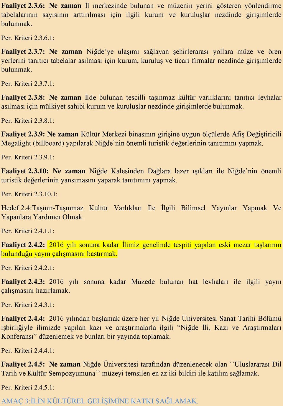 Per. Kriteri 2.3.7.1: Faaliyet 2.3.8: Ne zaman İlde bulunan tescilli taşınmaz kültür varlıklarını tanıtıcı levhalar asılması için mülkiyet sahibi kurum ve kuruluşlar nezdinde girişimlerde bulunmak.