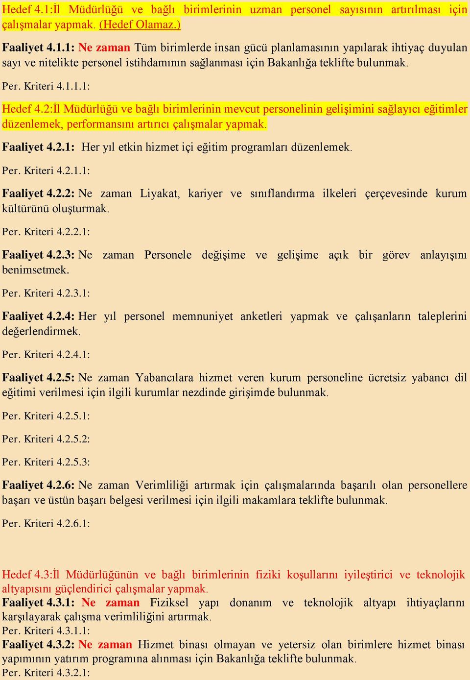 Per. Kriteri 4.2.1.1: Faaliyet 4.2.2: Ne zaman Liyakat, kariyer ve sınıflandırma ilkeleri çerçevesinde kurum kültürünü oluşturmak. Per. Kriteri 4.2.2.1: Faaliyet 4.2.3: Ne zaman Personele değişime ve gelişime açık bir görev anlayışını benimsetmek.