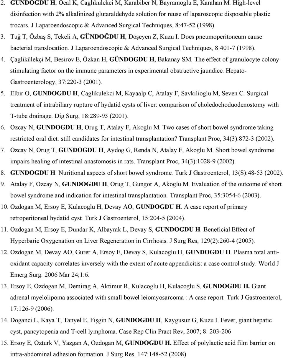 J Laparoendoscopic & Advanced Surgical Techniques, 8:401-7 (1998). 4. Çaglikülekçi M, Besirov E, Özkan H, GÜNDOGDU H, Bakanay SM.
