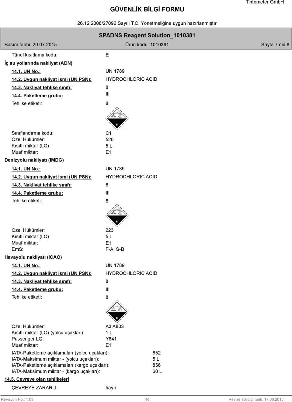 1. UN No.: UN 179 14.2. Uygun nakliyat ismi (UN PSN): HYDROCHLORIC ACID 14.3. Nakliyat tehlike sınıfı: 14.4. Paketleme grubu: III Tehlike etiketi: Özel Hükümler: Kısıtlı miktar (LQ): Muaf miktar: EmS: Havayolu nakliyatı (ICAO) 223 5 L E1 F-A, S-B 14.