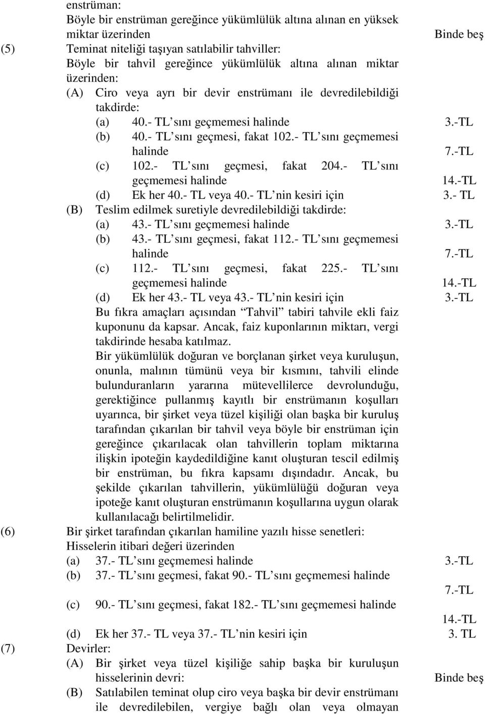 - TL sını geçmemesi halinde 7.-TL (c) 102.- TL sını geçmesi, fakat 204.- TL sını geçmemesi halinde 14.-TL (d) Ek her 40.- TL veya 40.- TL nin kesiri için 3.