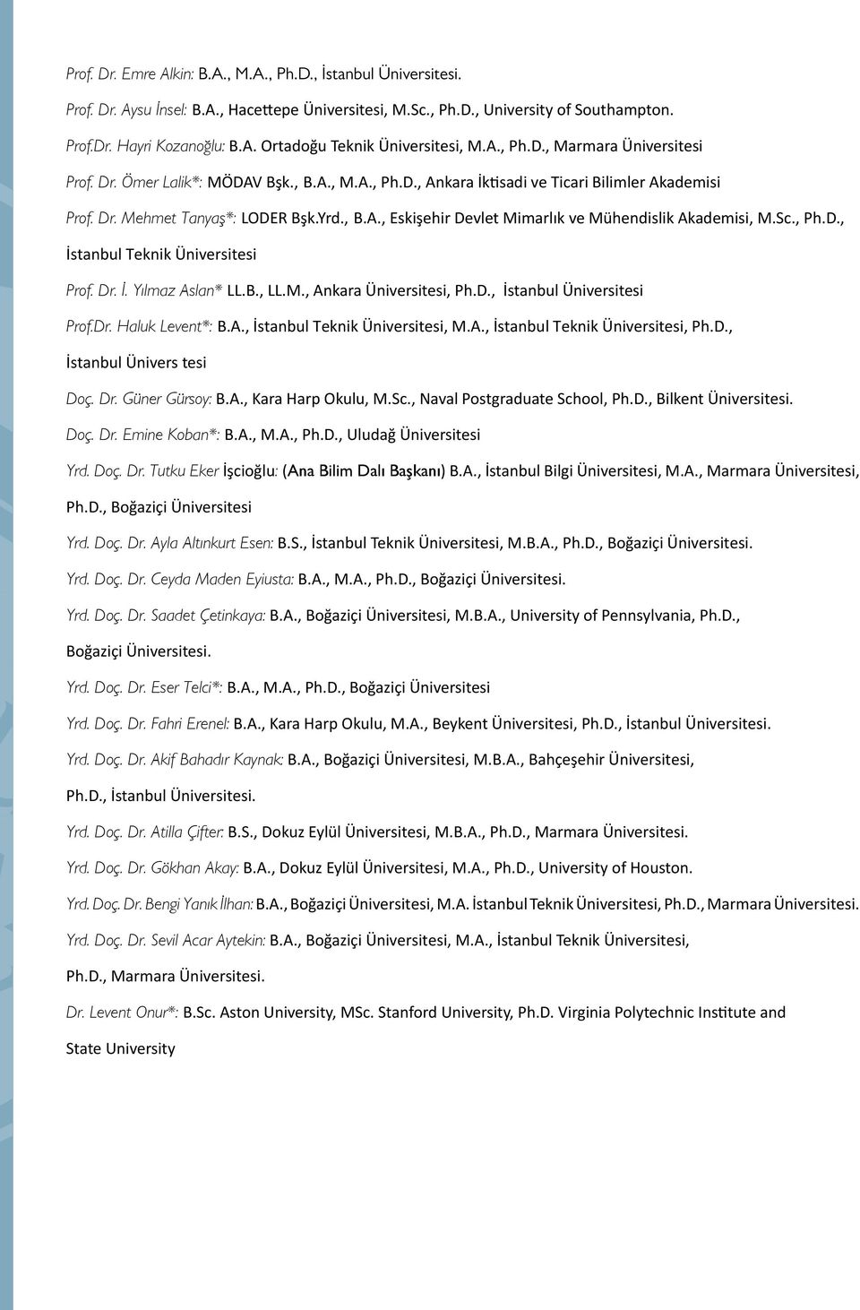 Sc., Ph.D., İstanbul Teknik Üniversitesi Prof. Dr. İ. Yılmaz Aslan* LL.B., LL.M., Ankara Üniversitesi, Ph.D., İstanbul Üniversitesi Prof.Dr. Haluk Levent*: B.A., İstanbul Teknik Üniversitesi, M.A., İstanbul Teknik Üniversitesi, Ph.