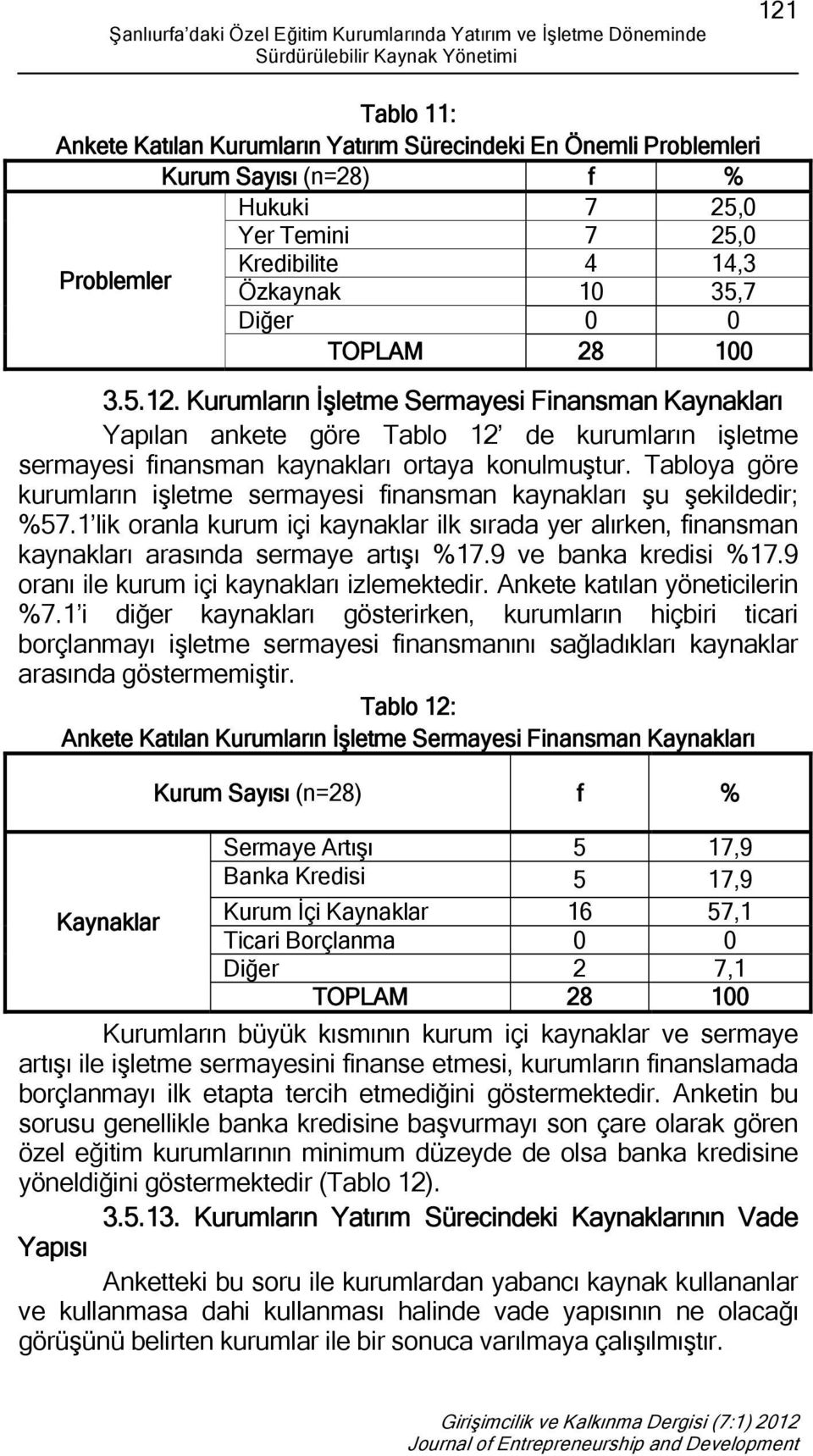 Kurumların İşletme Sermayesi Finansman Kaynakları Yapılan ankete göre Tablo 12 de kurumların işletme sermayesi finansman kaynakları ortaya konulmuştur.