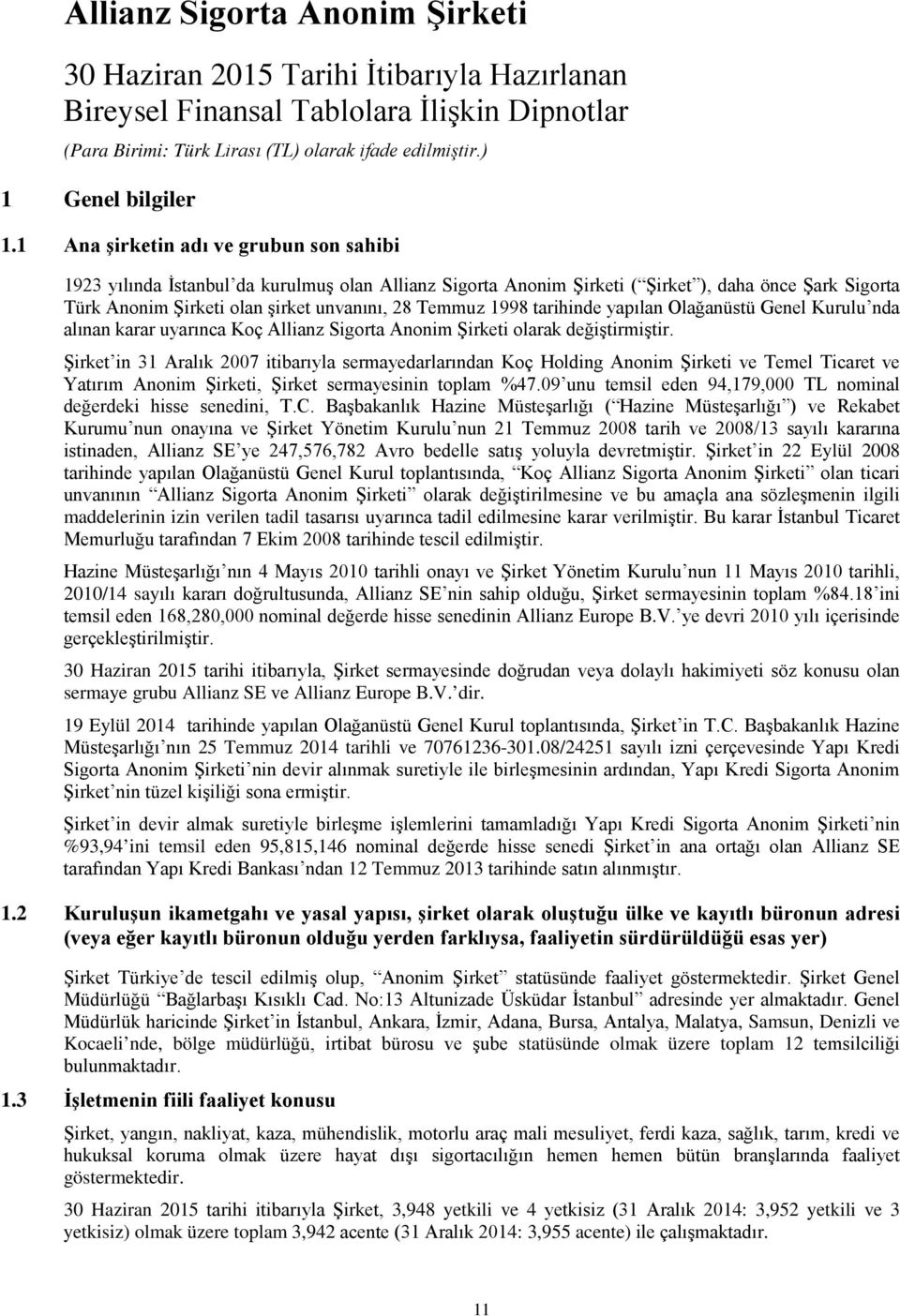 1998 tarihinde yapılan Olağanüstü Genel Kurulu nda alınan karar uyarınca Koç Allianz Sigorta Anonim Şirketi olarak değiştirmiştir.