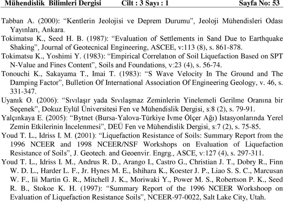 (1983): S Wave Velocity In The Ground and The Damping Factor, Bulletion Of International Association Of Engineering Geology, v. 46, s. 331-347. Uyanık O.