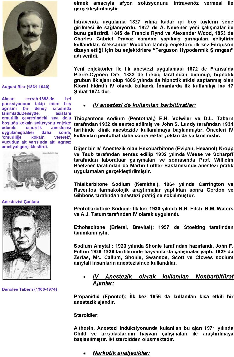 Aleksander Wood'un tanıtığı enjektörü ilk kez Ferguson dizayn ettiği için bu enjektörlere Ferguson Hypodermik Şırıngası adı verildi. August Bier (1861-1949) Alman cerrah.